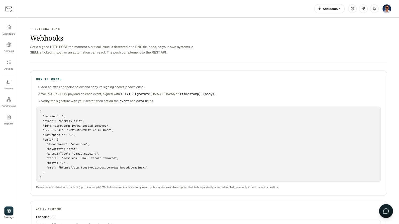 The Webhooks settings page showing how to receive a signed HTTP POST for each critical event, with the JSON payload shape.
