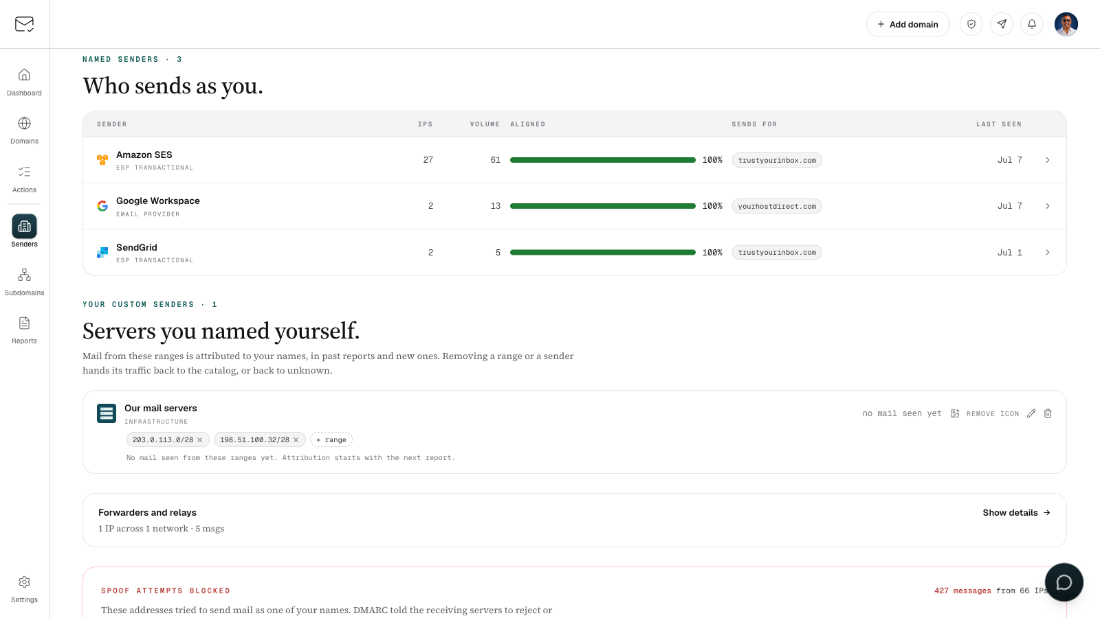 The Senders screen: named senders like Amazon SES and Google Workspace above a "Servers you named yourself" card showing a custom sender with its icon and two IP ranges.