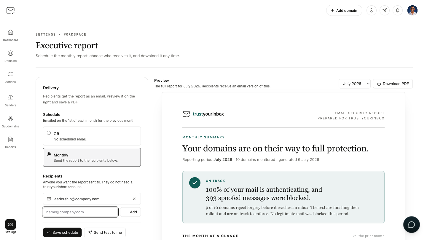 The Executive report settings page: a monthly schedule with recipients on the left, and a preview of the branded email-security report on the right.